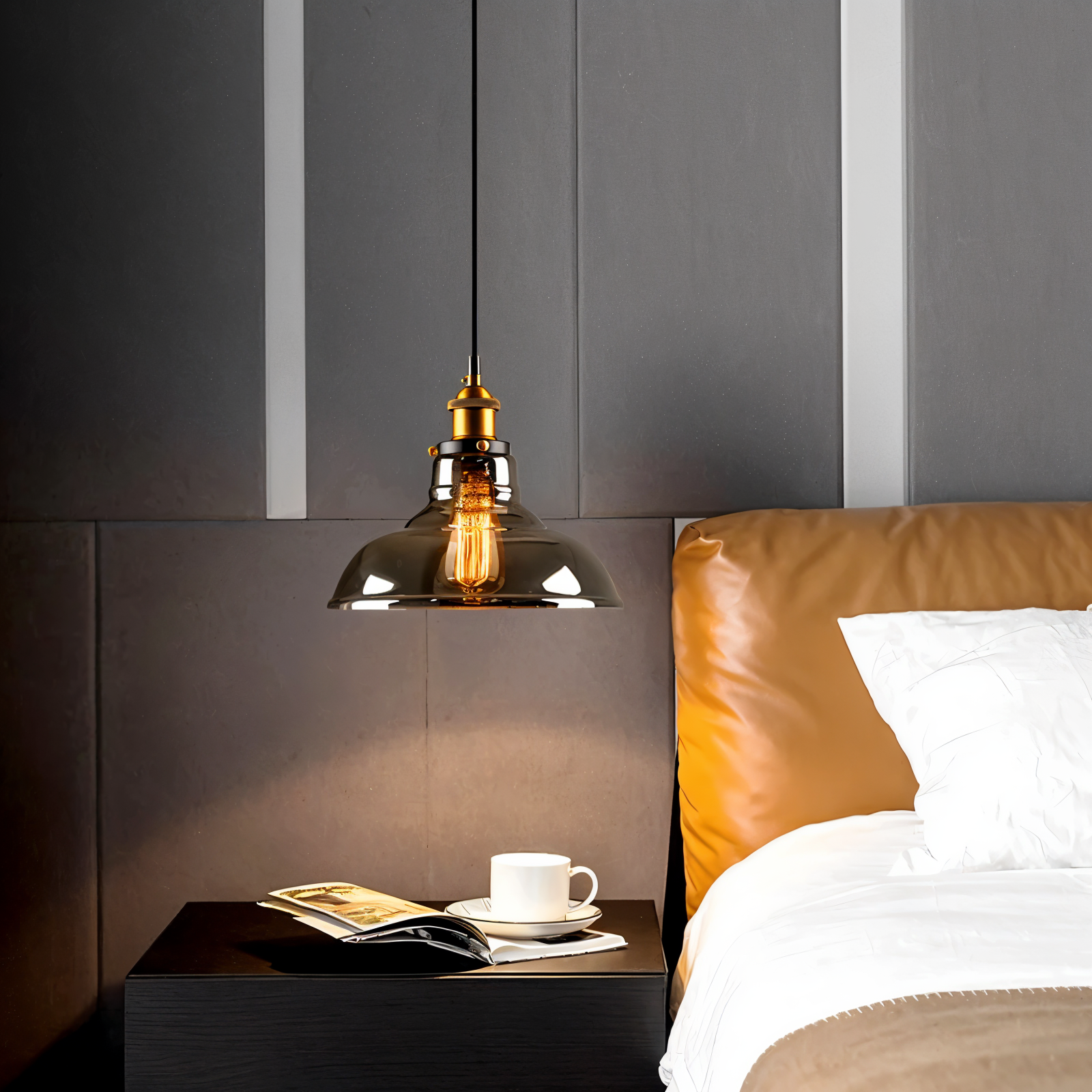 Tinted glass hanging pendant light with brass fitting