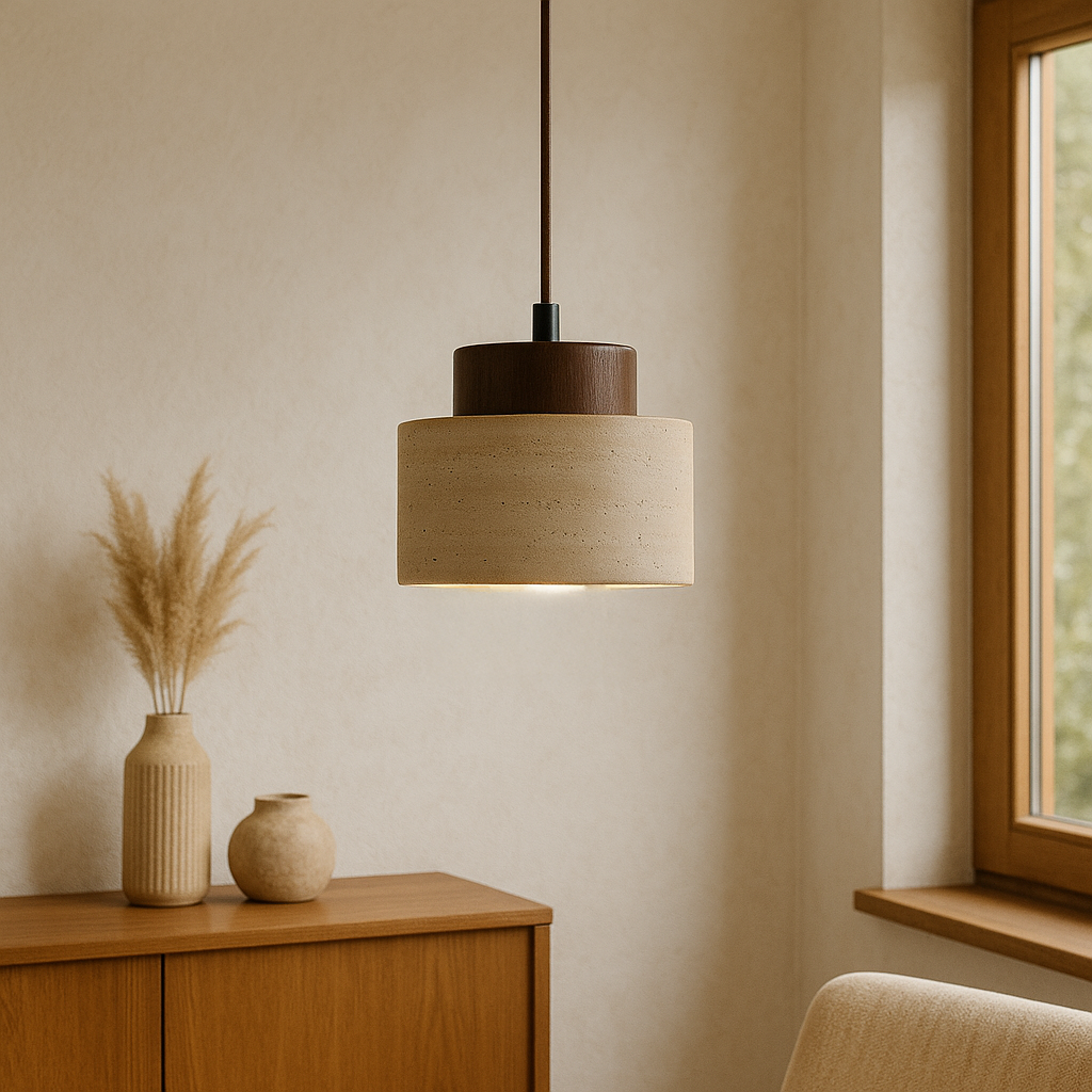 Travertine stone pendant light with cylindrical shade