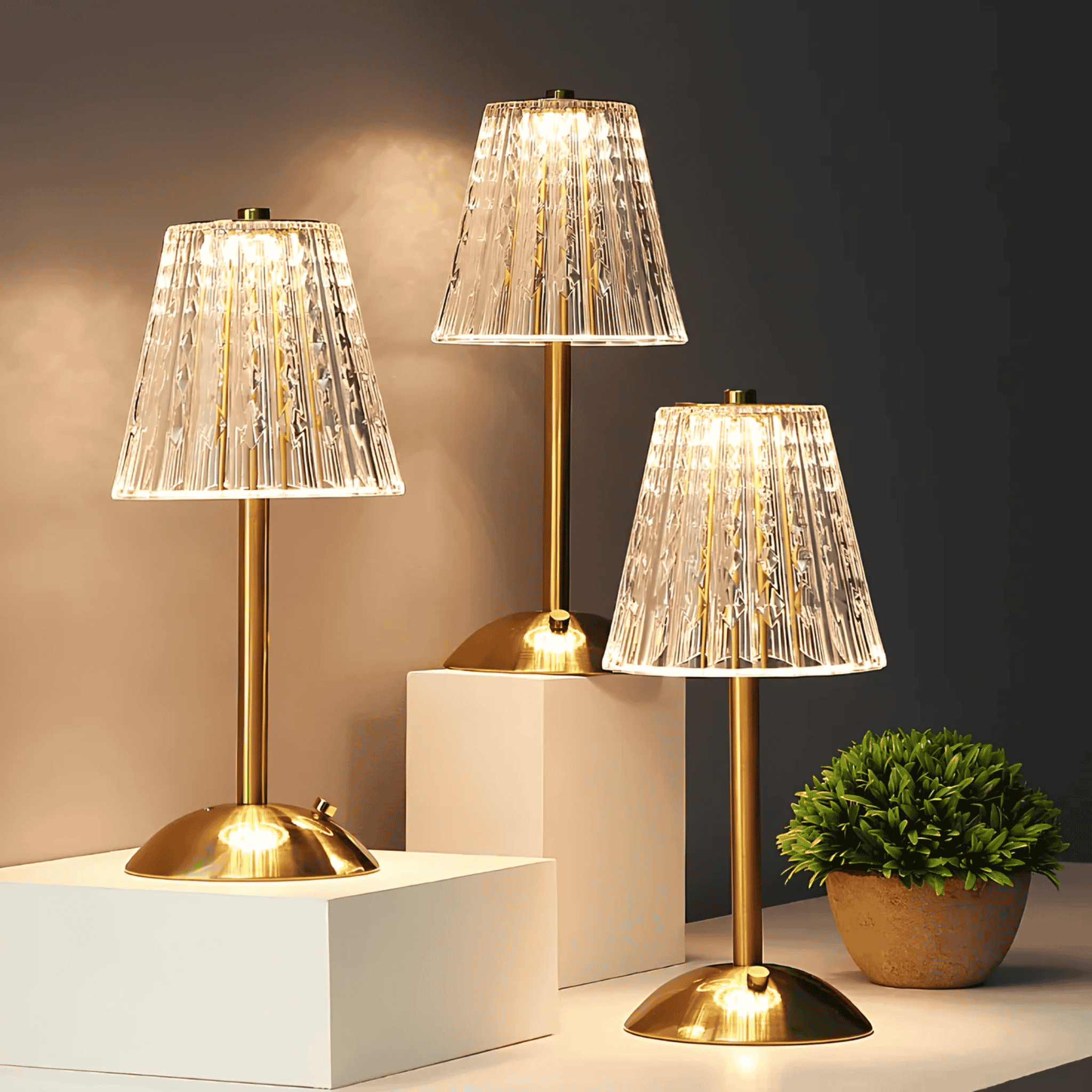 Rechargeable Table Lamp with Fluted Glass Shade and LED Light