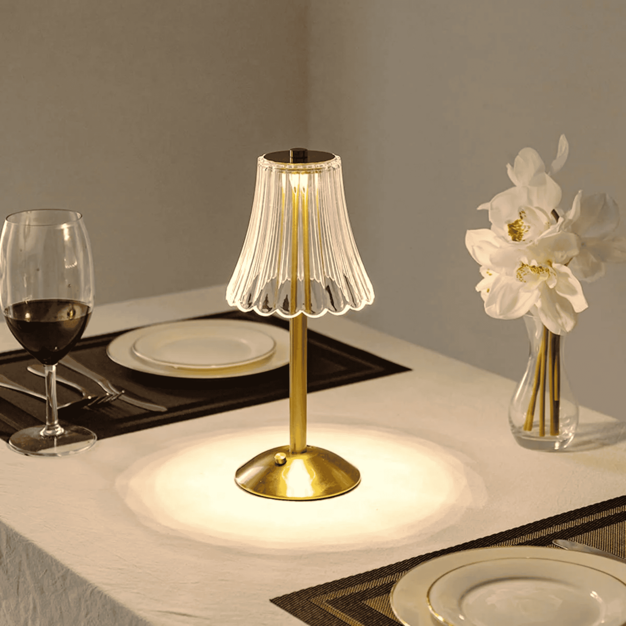 Rechargeable Table Lamp with Fluted Glass Shade and LED Light