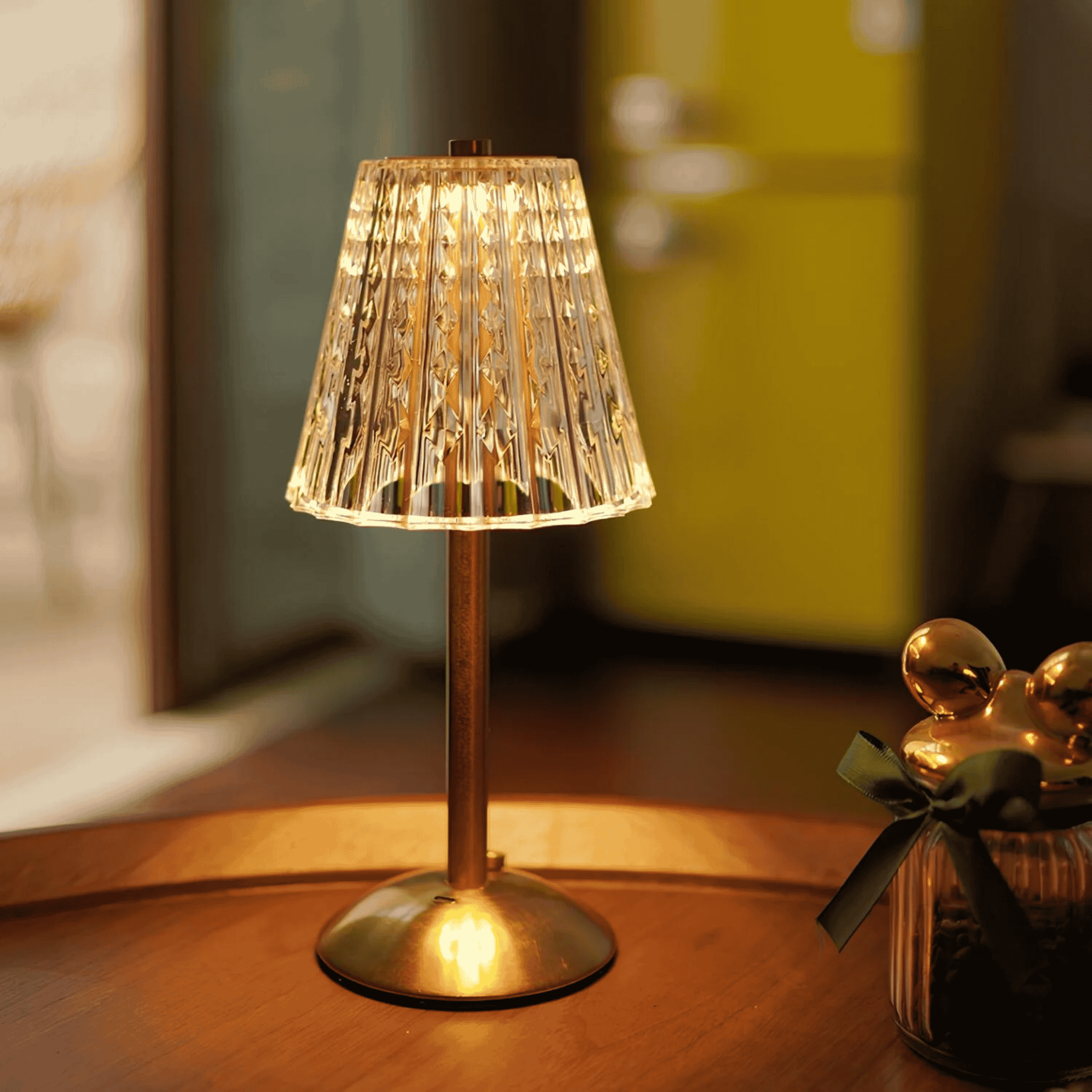 Rechargeable Table Lamp with Fluted Glass Shade and LED Light