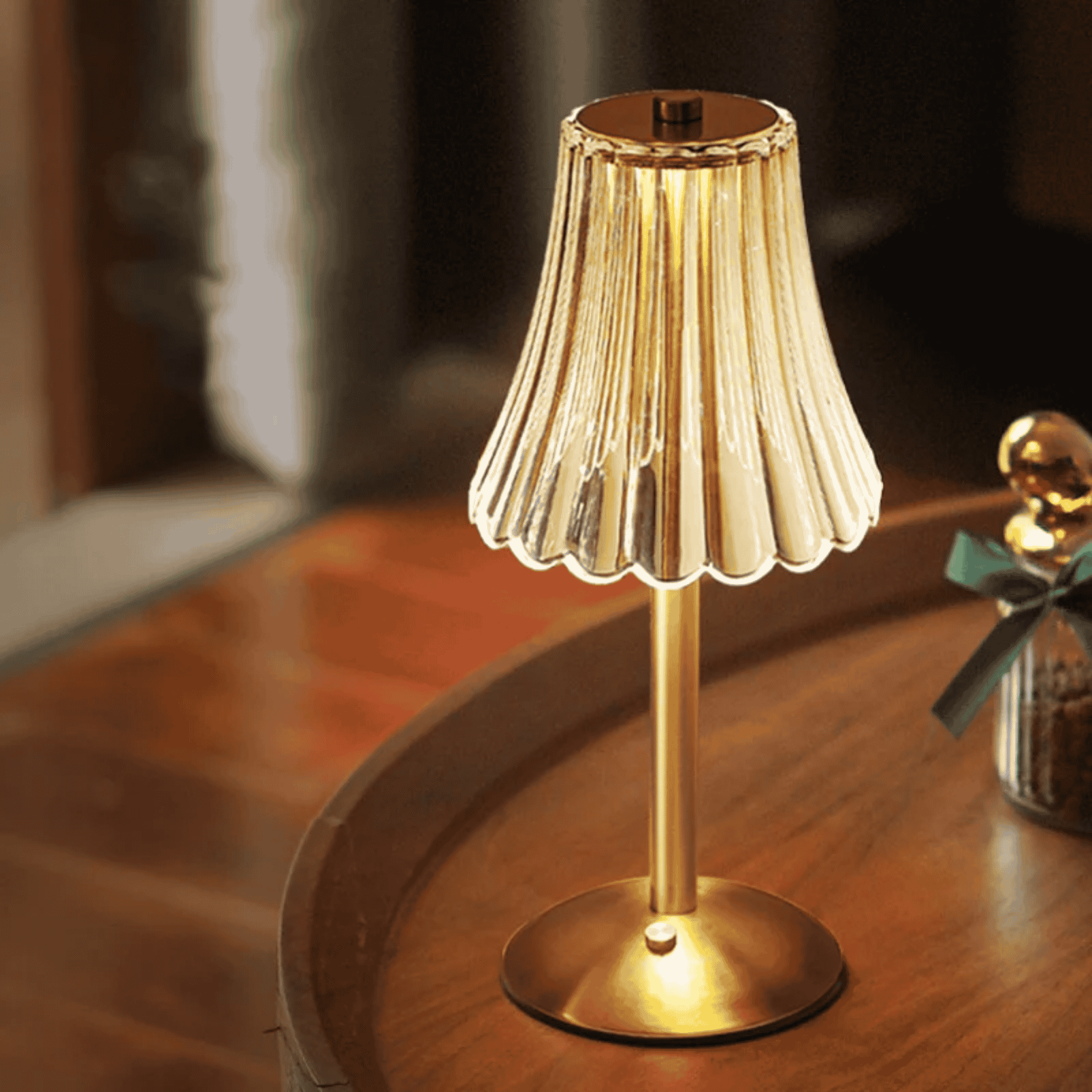 Rechargeable Table Lamp with Fluted Glass Shade and LED Light
