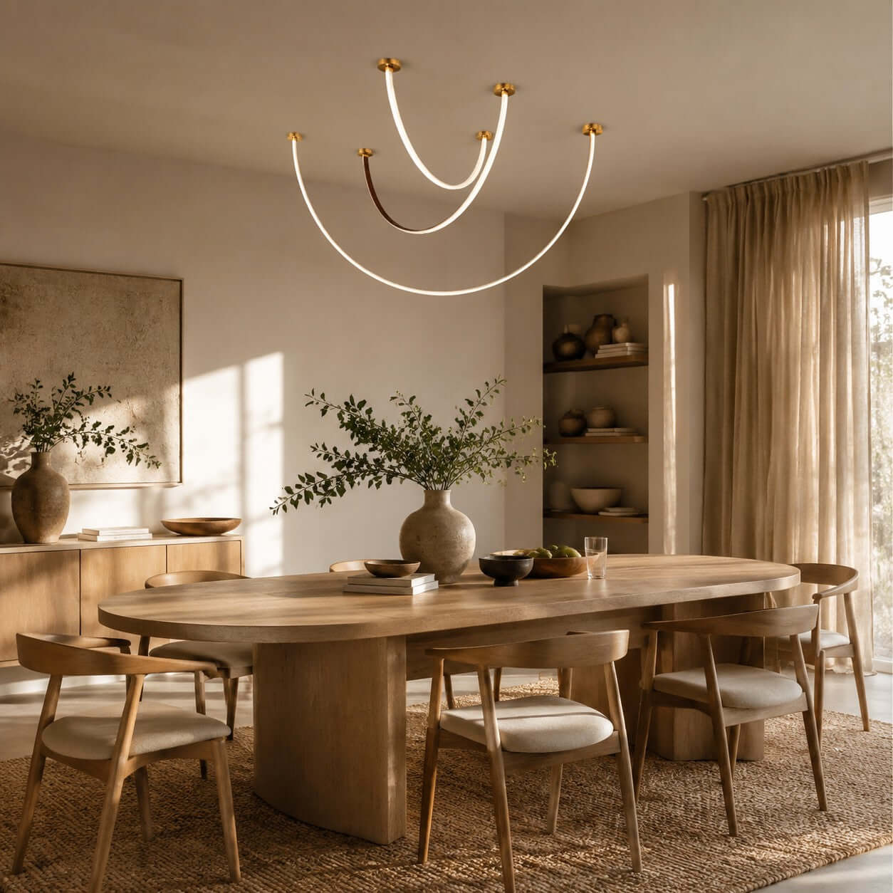 Lustre linéaire à LED incurvé avec éclairage élégant pour salle à manger