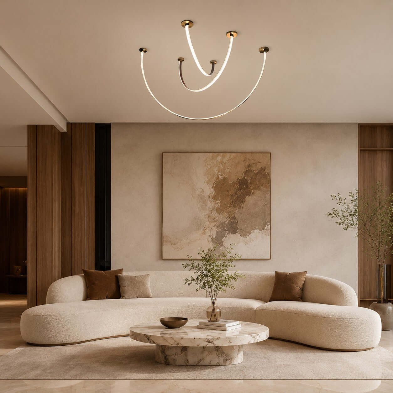 Lustre linéaire à LED incurvé avec éclairage élégant pour salle à manger