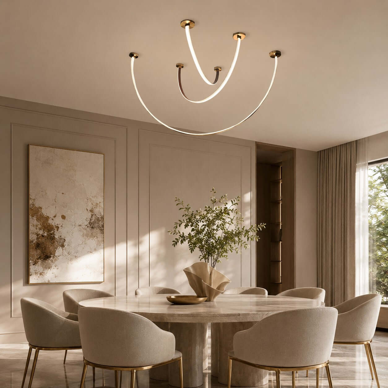 Lustre linéaire à LED incurvé avec éclairage élégant pour salle à manger