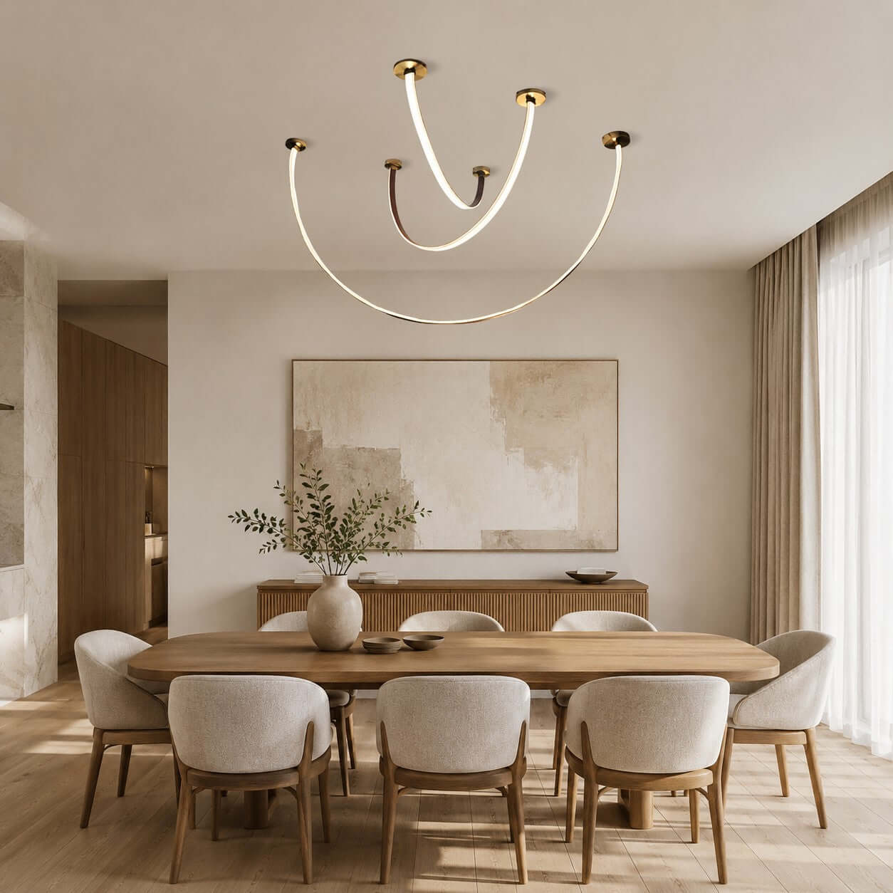 Lustre linéaire à LED incurvé avec éclairage élégant pour salle à manger