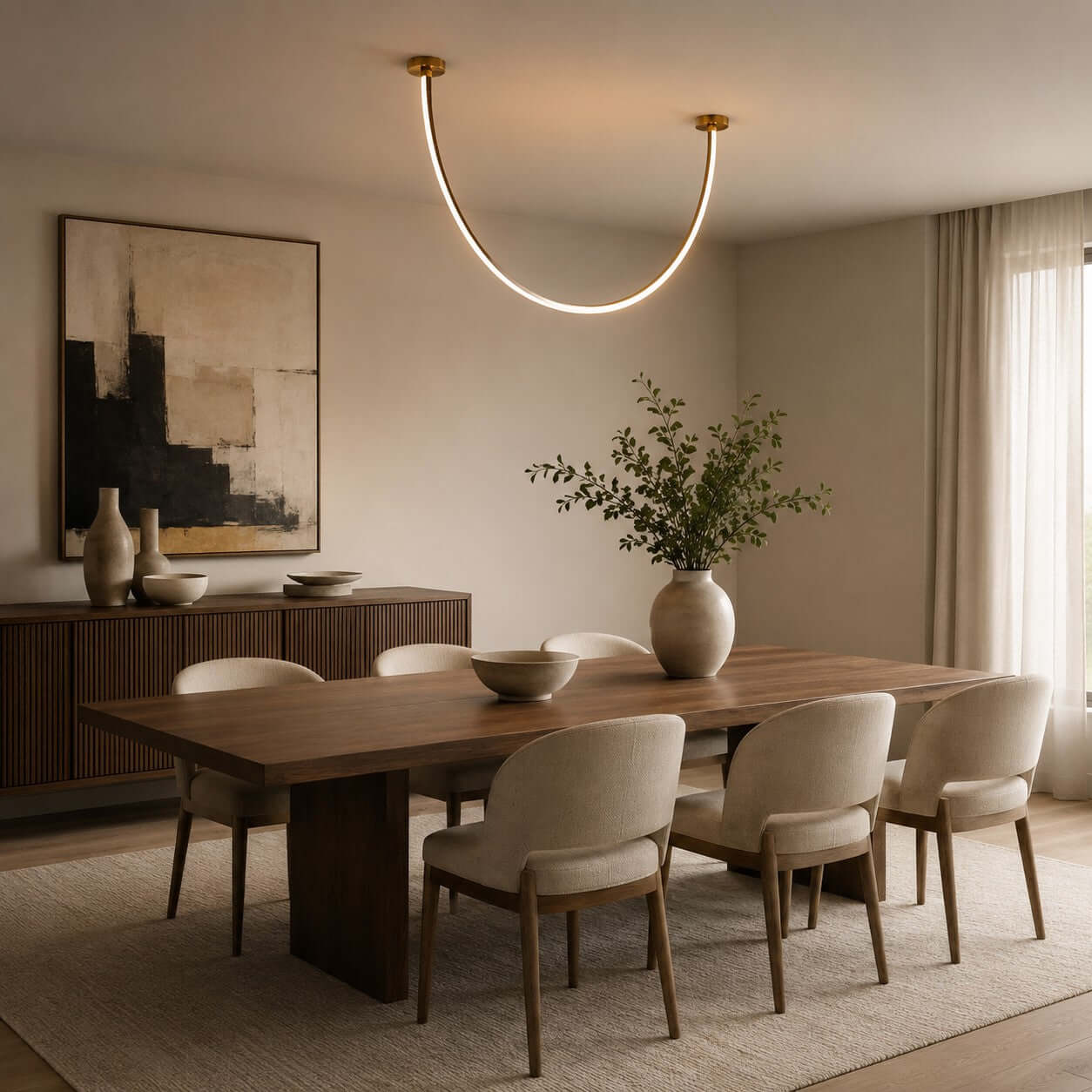 Lustre linéaire à LED incurvé avec éclairage élégant pour salle à manger