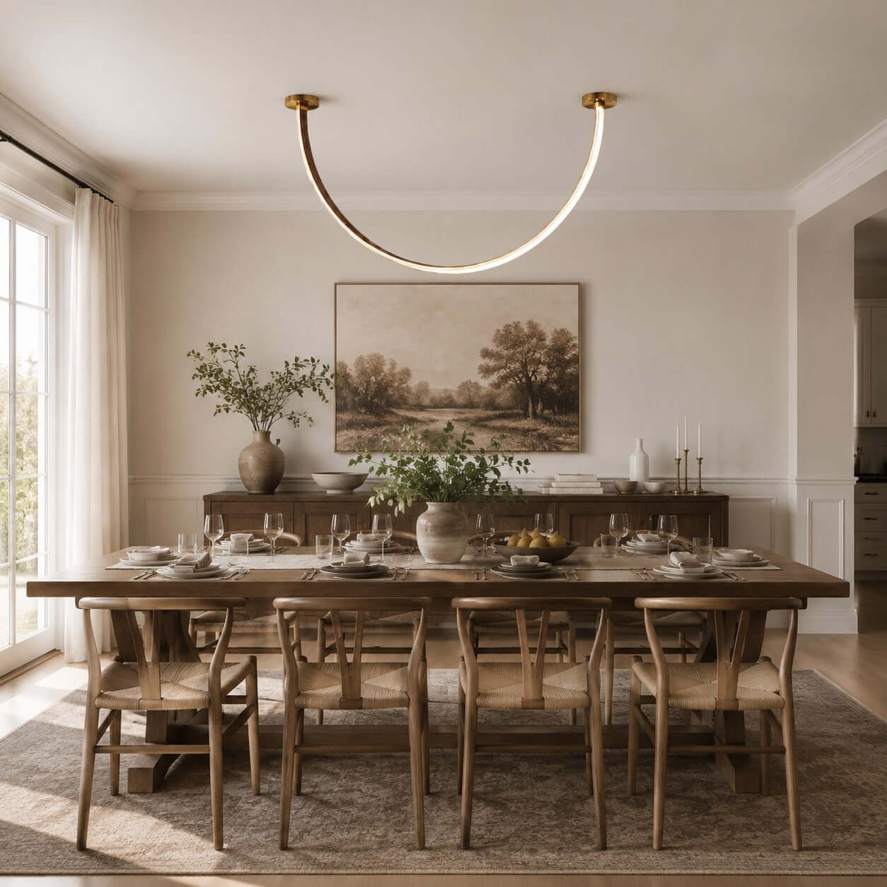 Lustre linéaire à LED incurvé avec éclairage élégant pour salle à manger