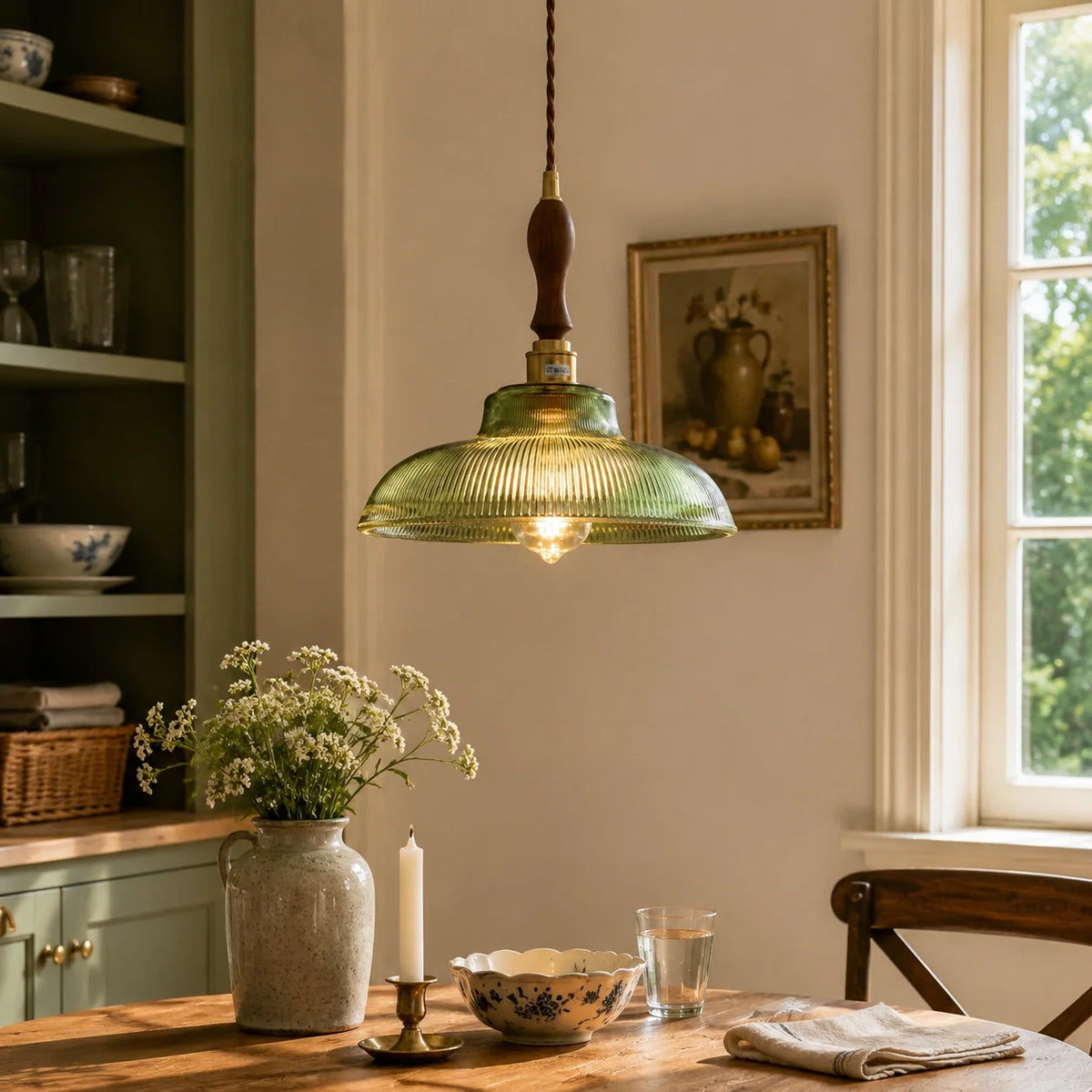 Vintage Ribbed Glass Pendant Light for Dining Room