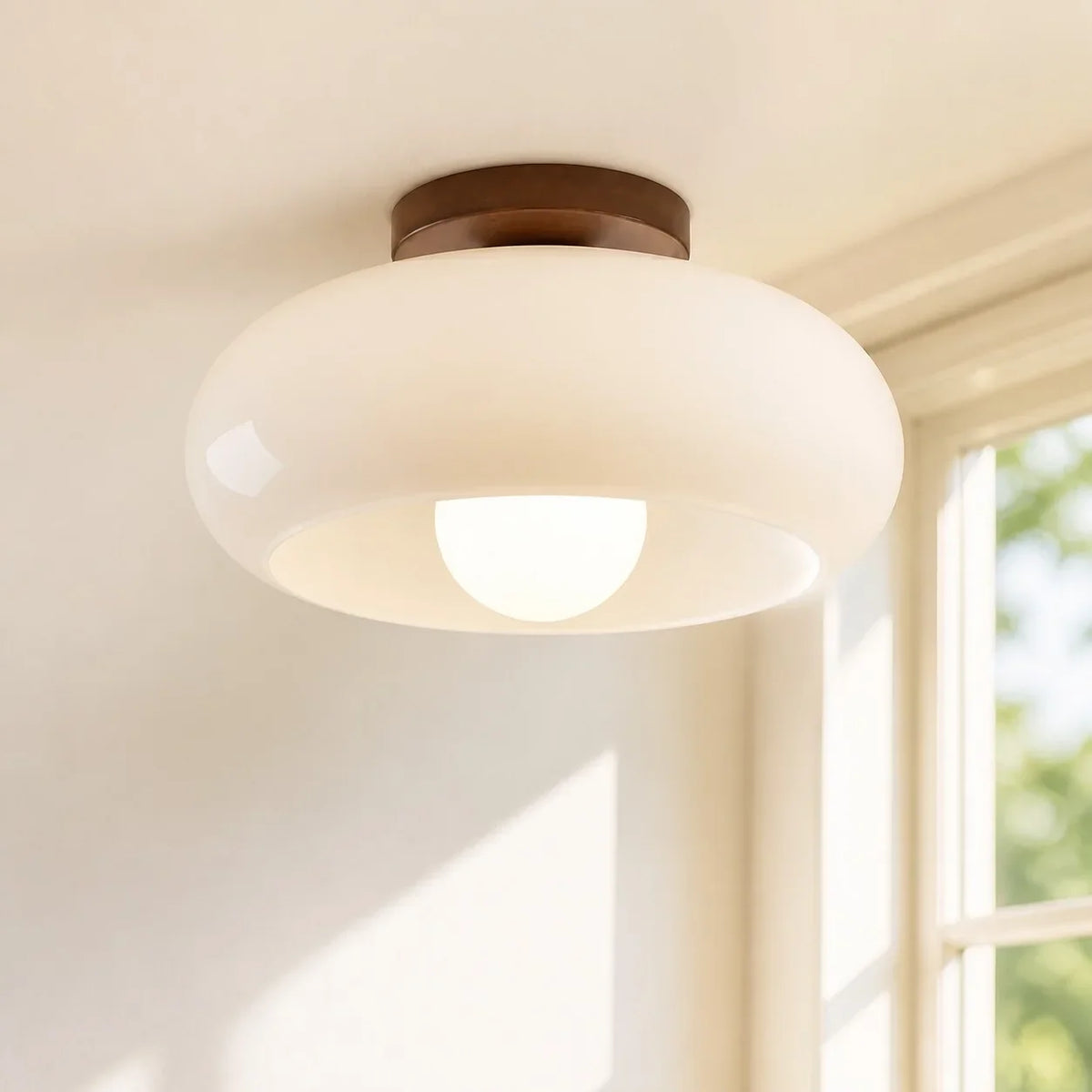 French Bauhaus Ceiling Light Fixture with Opal Glass Shade
