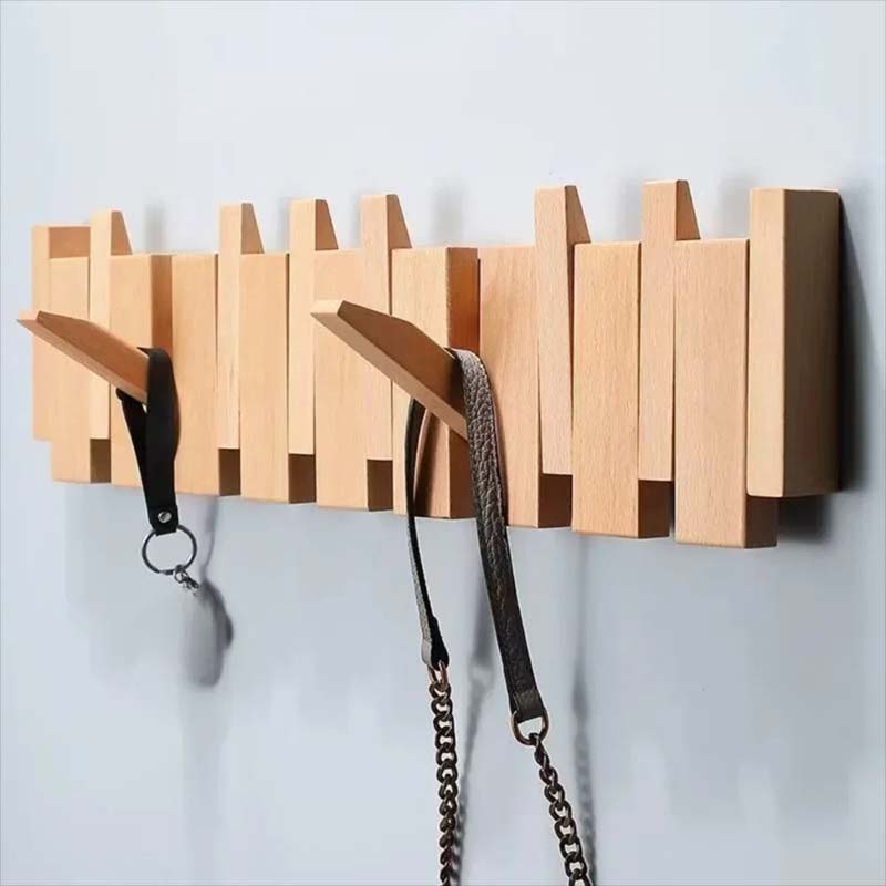Wood Wall Hook Rack With Foldable Hooks Natural Finish