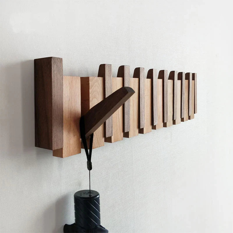 Wood Wall Hook Rack With Foldable Hooks Natural Finish