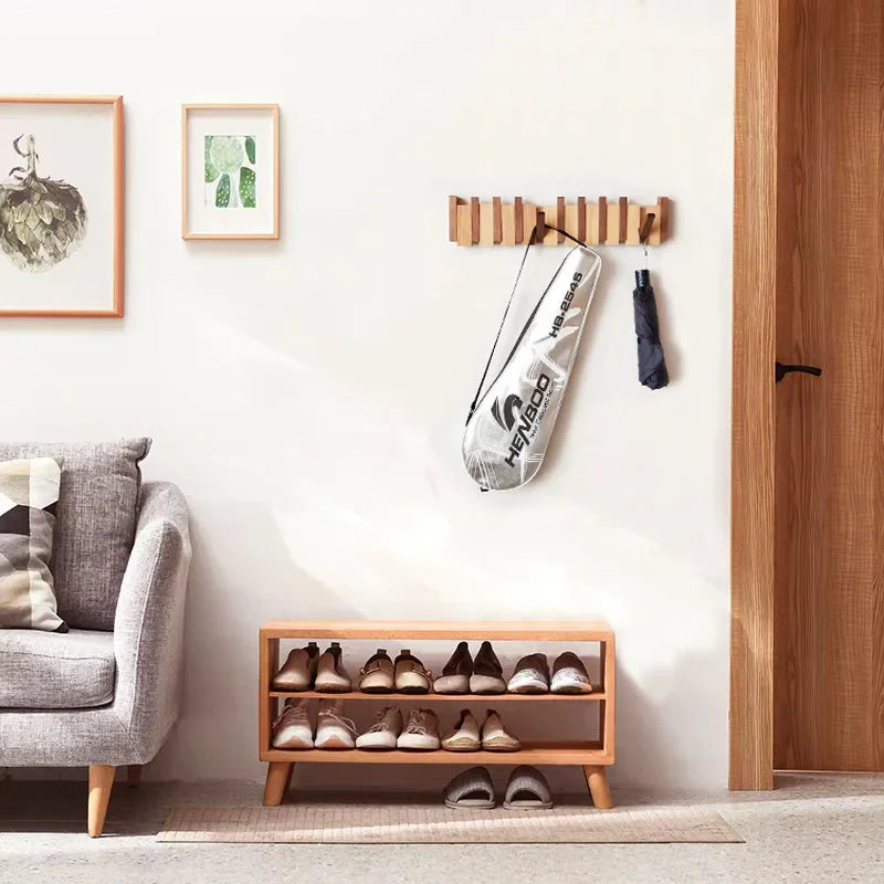 Wood Wall Hook Rack With Foldable Hooks Natural Finish
