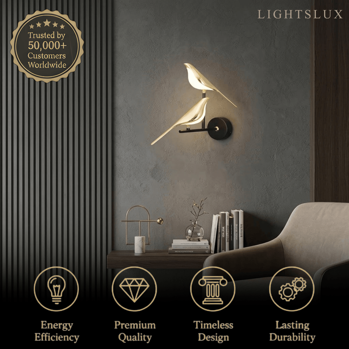 Applique murale LED noire et dorée au design d'oiseau moderne pour chambre à coucher