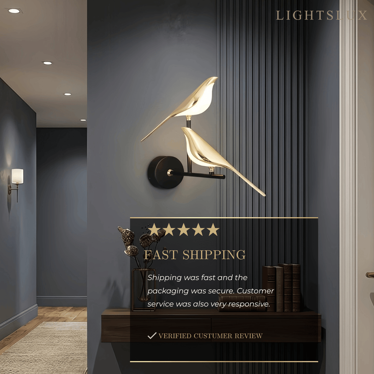 Applique murale LED noire et dorée au design d'oiseau moderne pour chambre à coucher