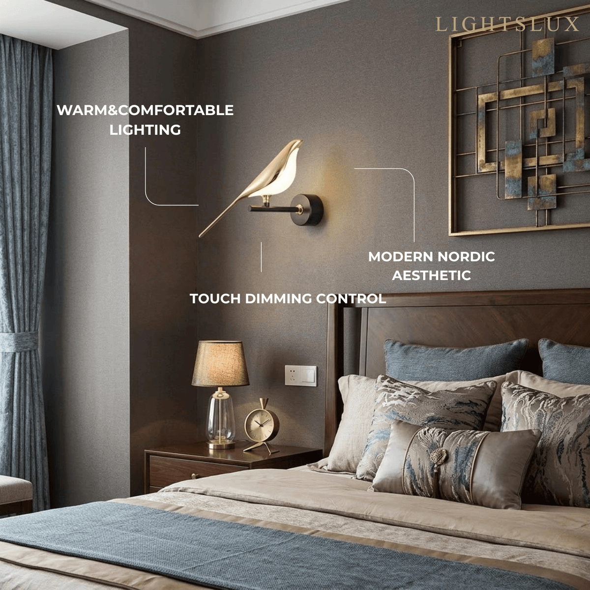 Applique murale LED noire et dorée au design d'oiseau moderne pour chambre à coucher