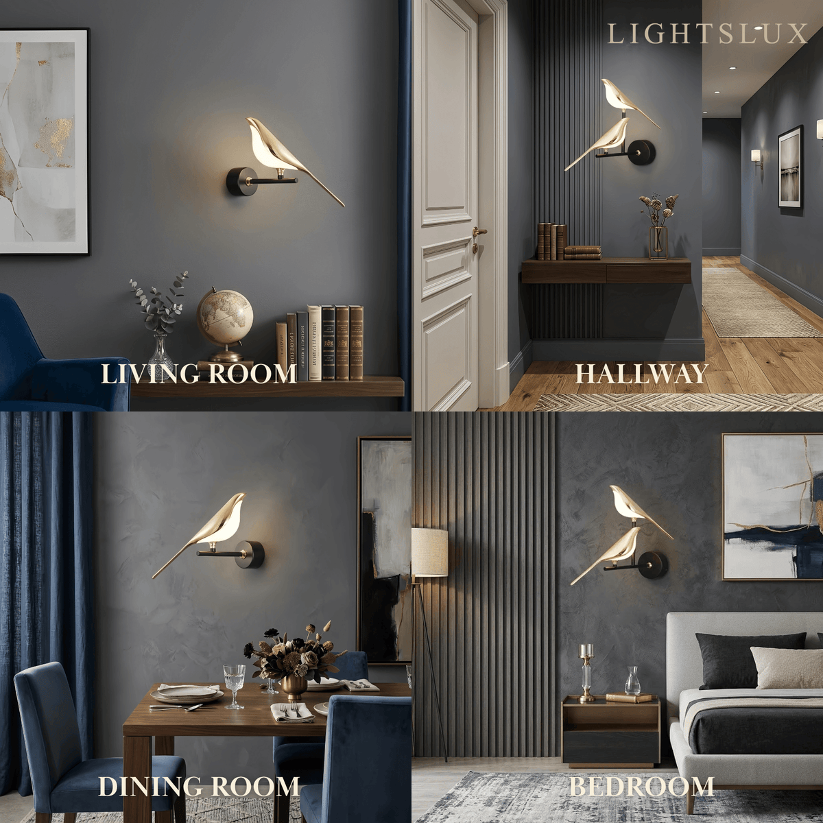 Applique murale LED noire et dorée au design d'oiseau moderne pour chambre à coucher