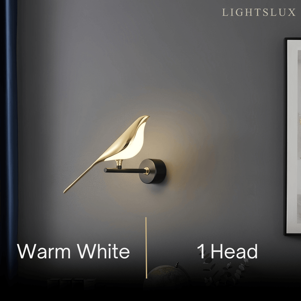Applique murale LED noire et dorée au design d'oiseau moderne pour chambre à coucher