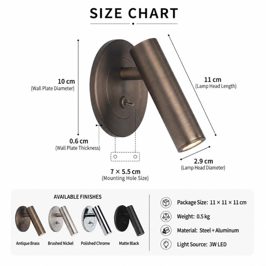 Lampe murale de lecture réglable en métal avec tête cylindrique