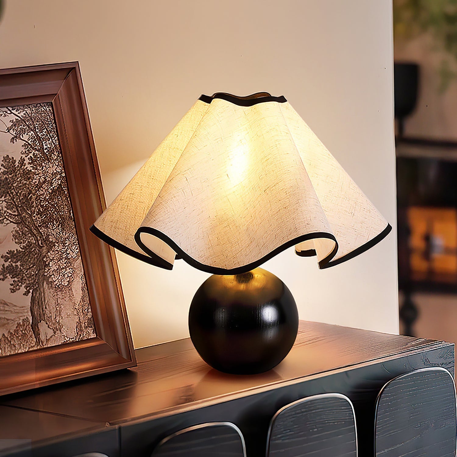 Round Wood Base Table Lamp with Wavy Fabric Shade