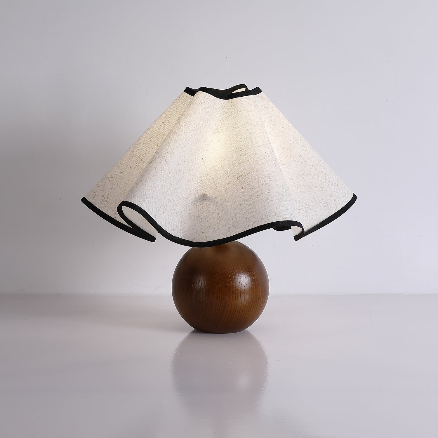 Round Wood Base Table Lamp with Wavy Fabric Shade