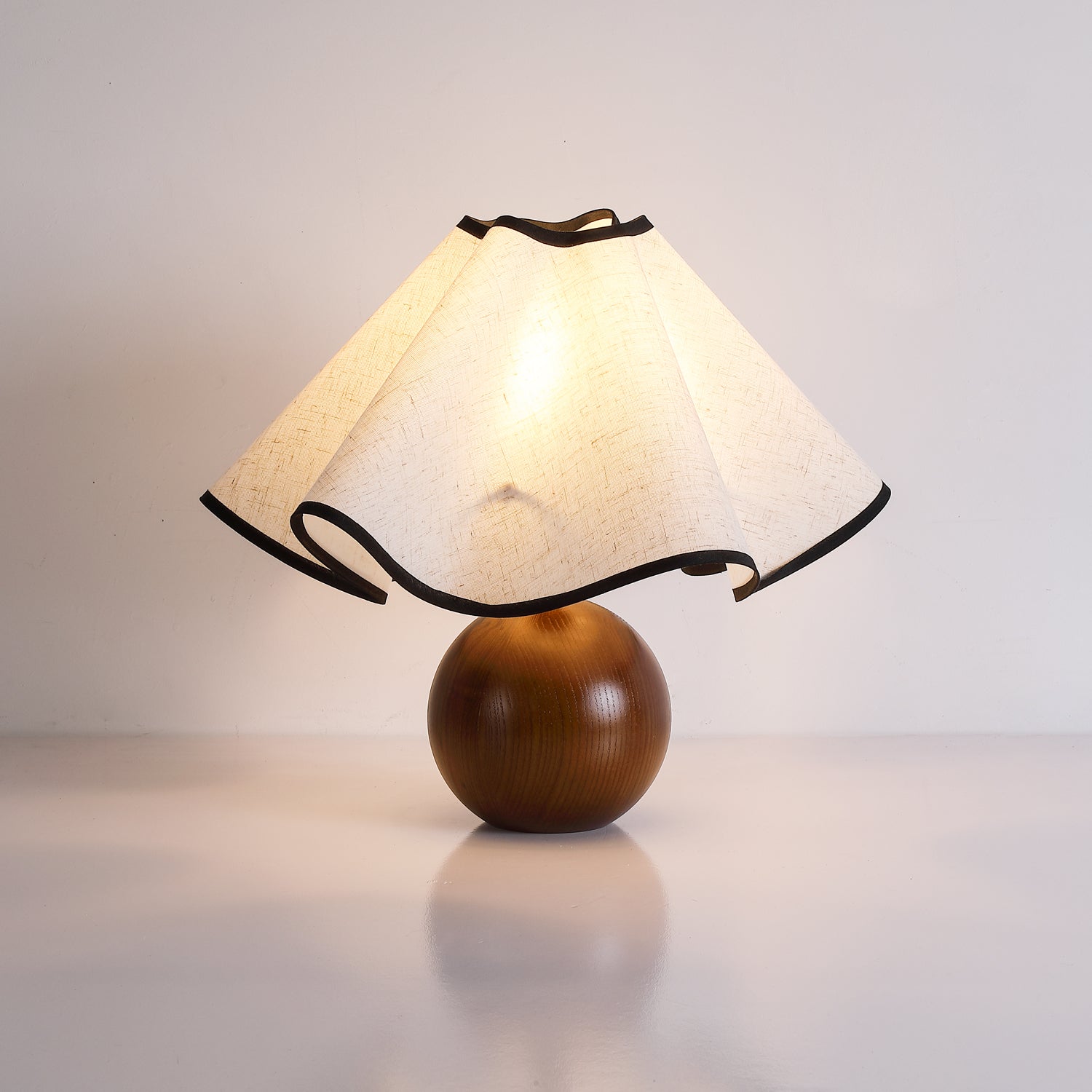 Round Wood Base Table Lamp with Wavy Fabric Shade