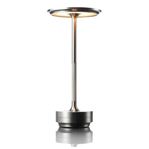 Wireless table lamp with circular metal shade