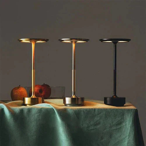Wireless table lamp with circular metal shade
