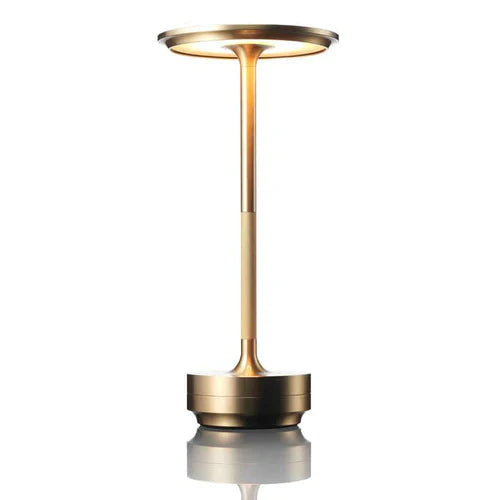 Wireless table lamp with circular metal shade