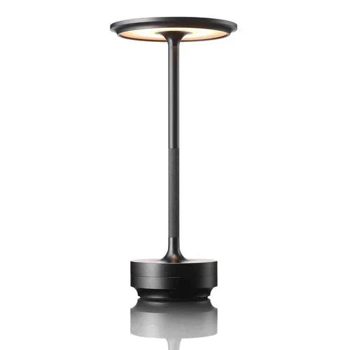 Wireless table lamp with circular metal shade