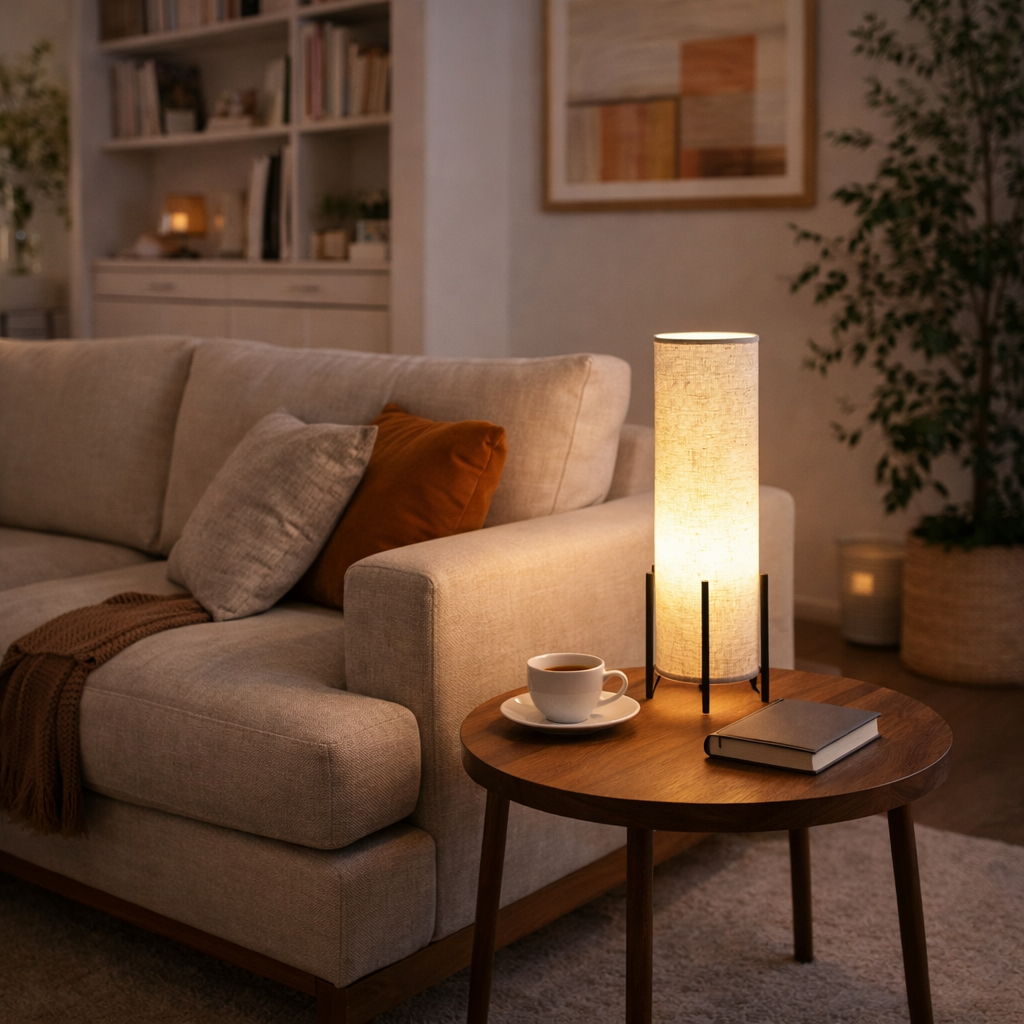 Modern B&Q Style Table Lamp with Wood and Fabric
