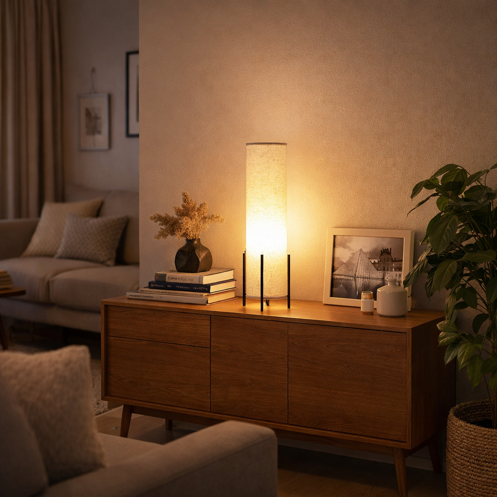 Modern B&Q Style Table Lamp with Wood and Fabric