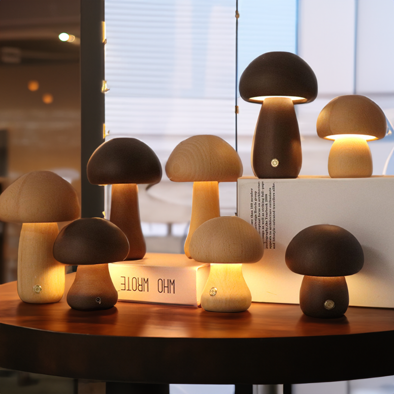Wooden mushroom shaped bedside light with a push-button switch