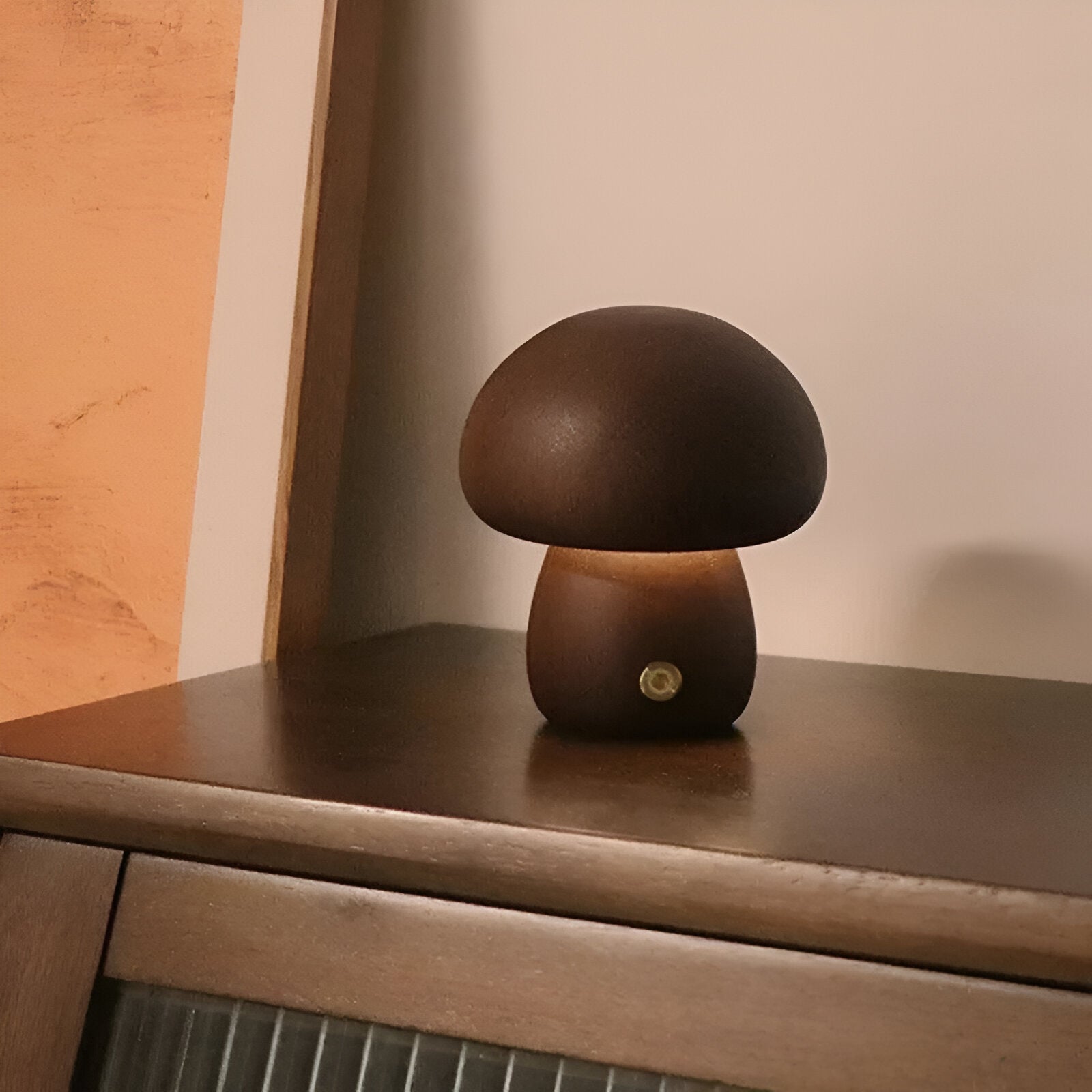 Wooden mushroom shaped bedside light with a push-button switch