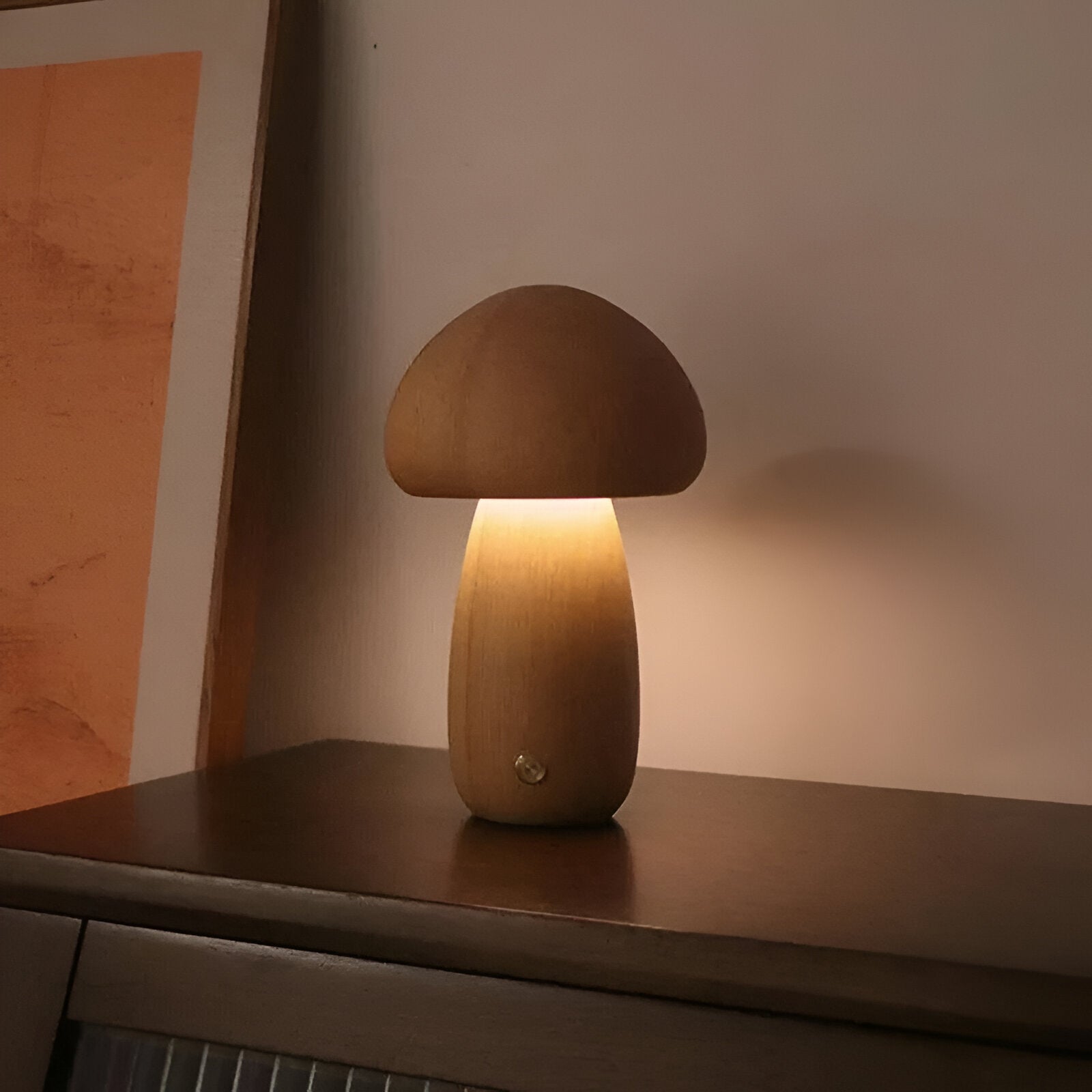 Wooden mushroom shaped bedside light with a push-button switch