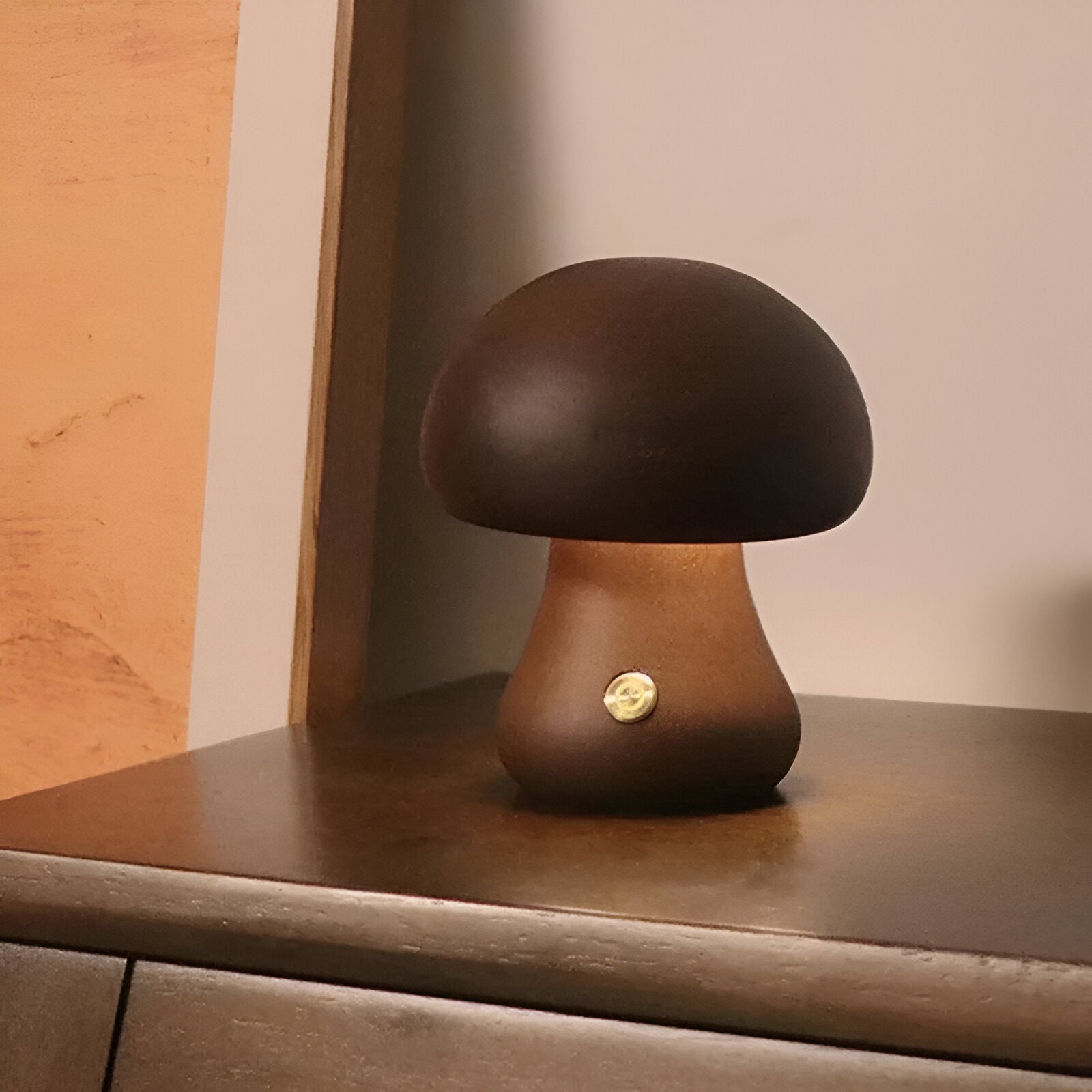 Wooden mushroom shaped bedside light with a push-button switch
