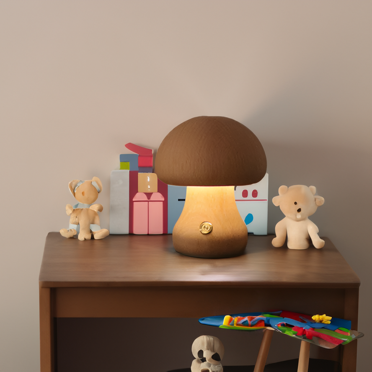 Wooden mushroom shaped bedside light with a push-button switch