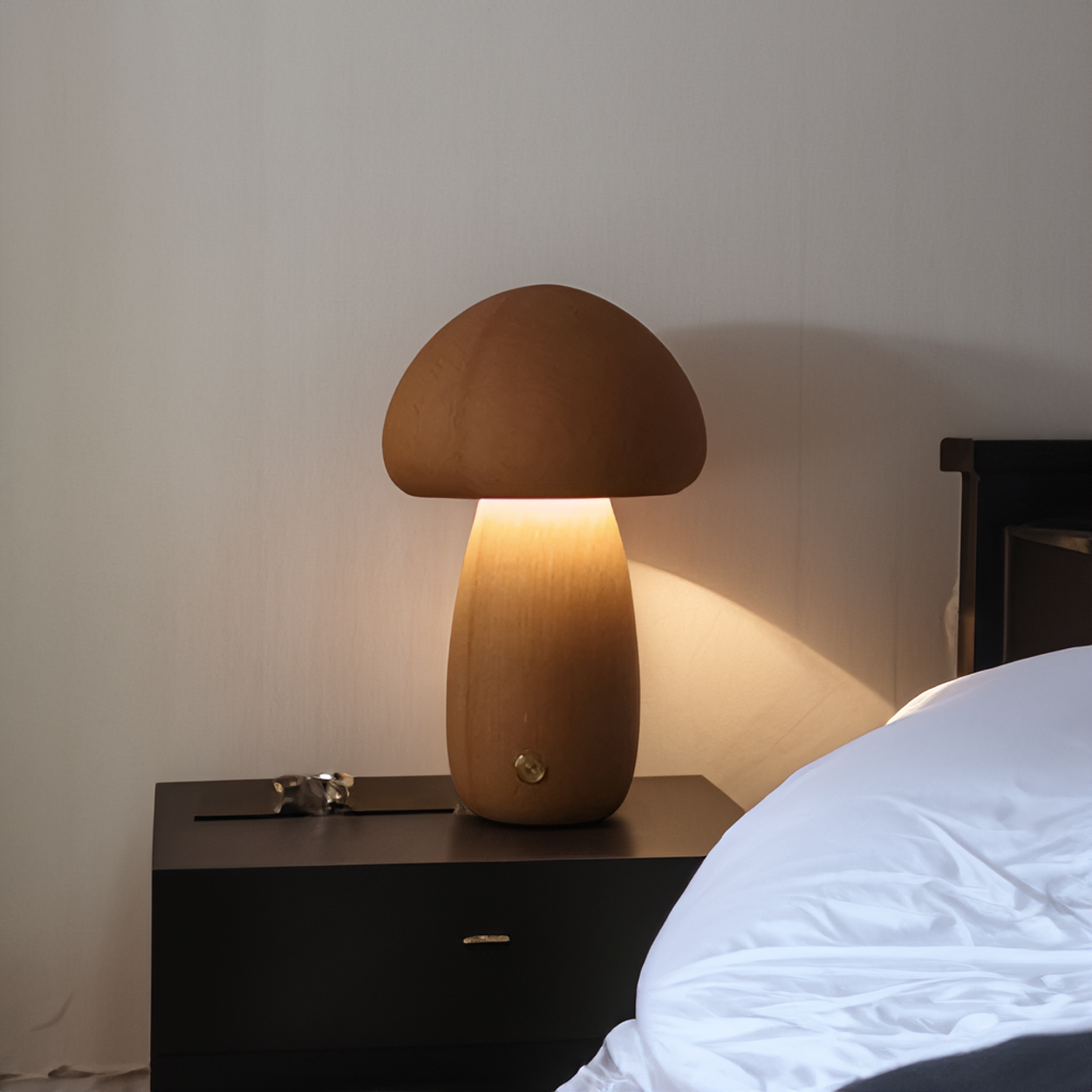 Wooden mushroom shaped bedside light with a push-button switch