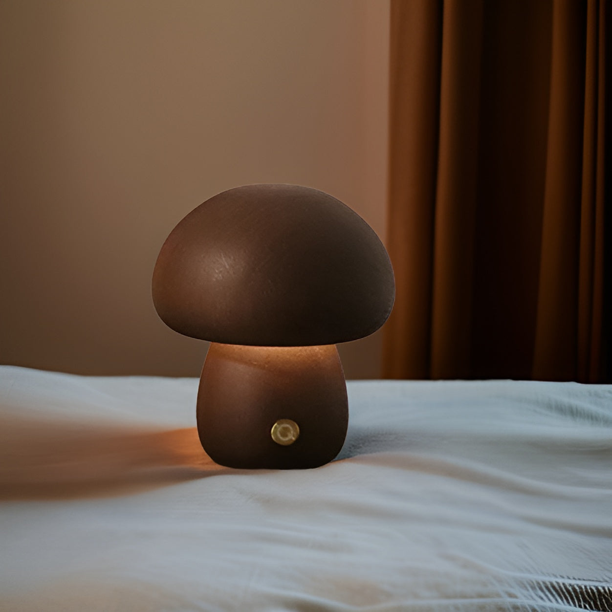 Wooden mushroom shaped bedside light with a push-button switch