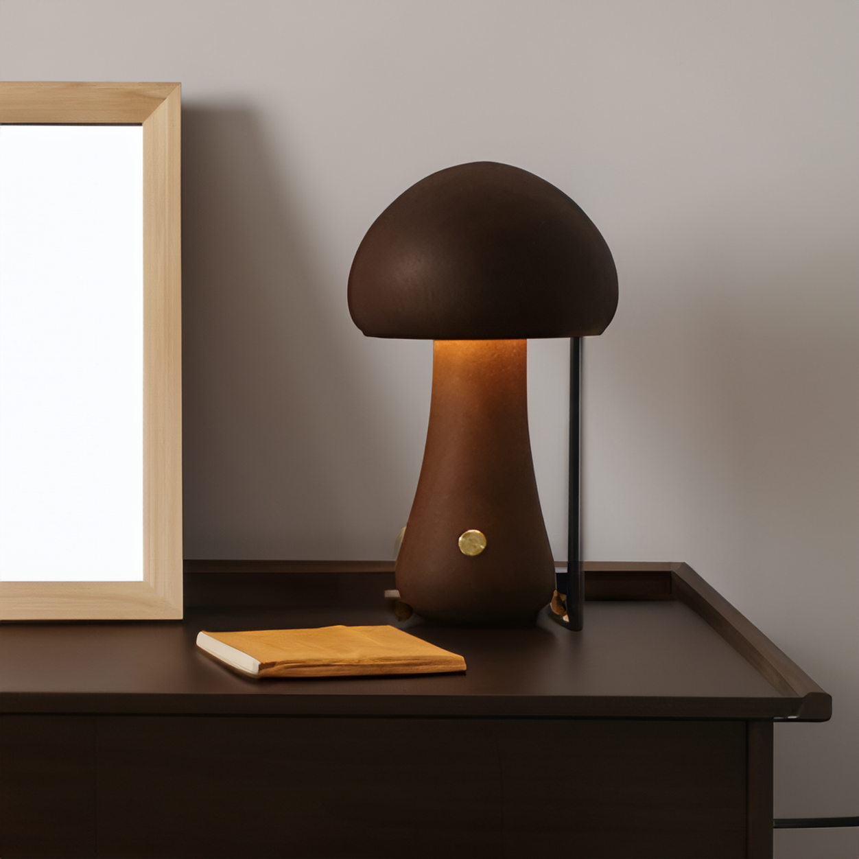 Wooden mushroom shaped bedside light with a push-button switch