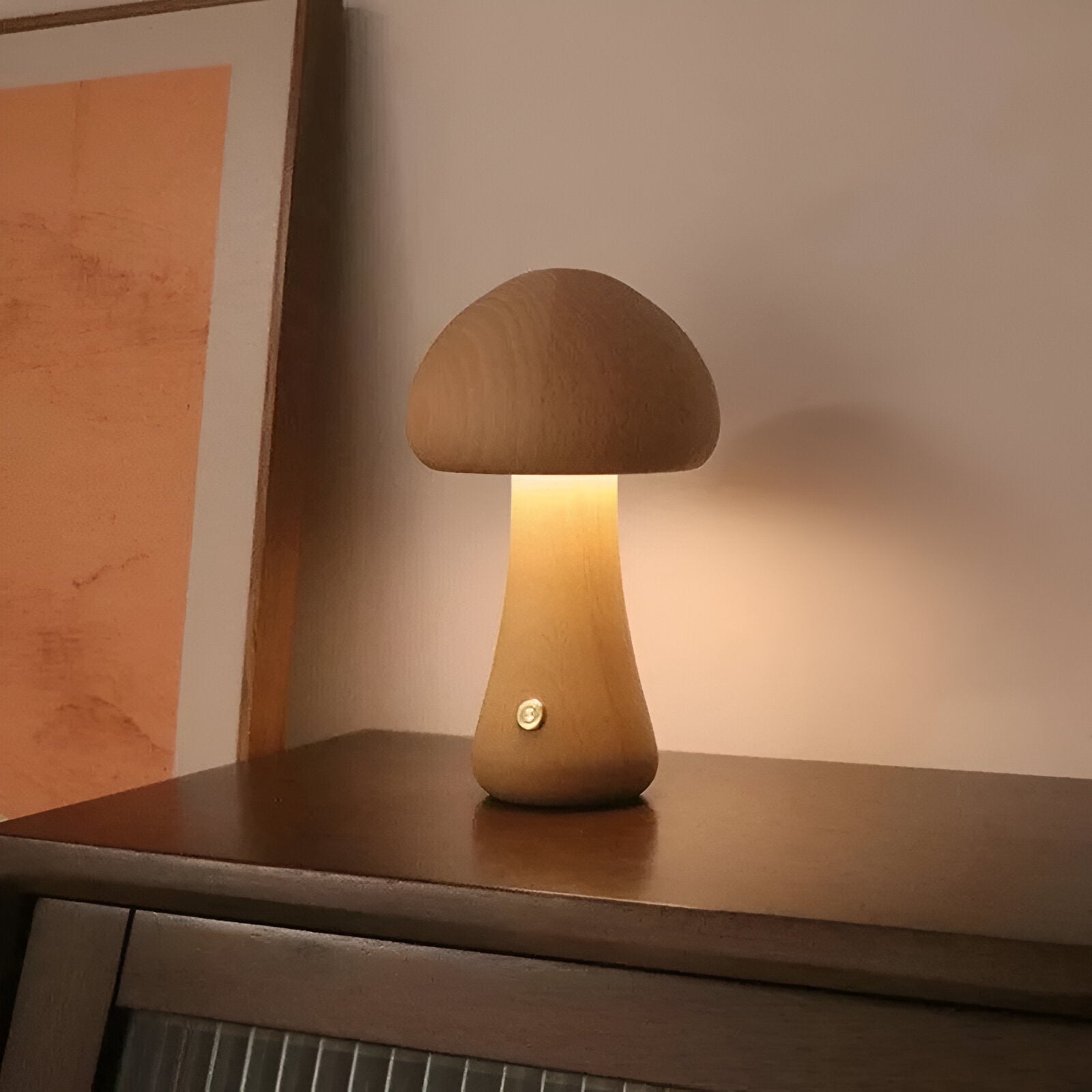 Wooden mushroom shaped bedside light with a push-button switch