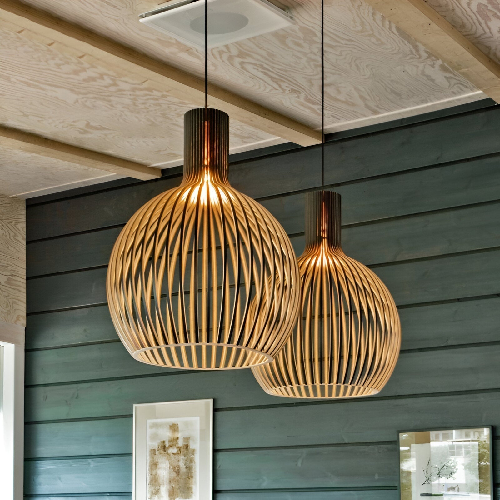 Wooden pendant light with cage shaped shade