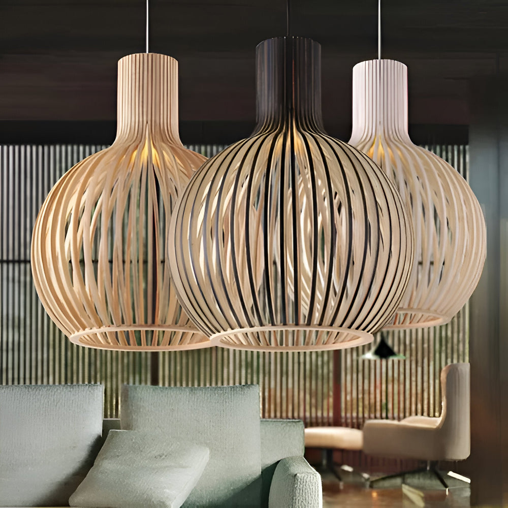 Wooden pendant light with cage shaped shade