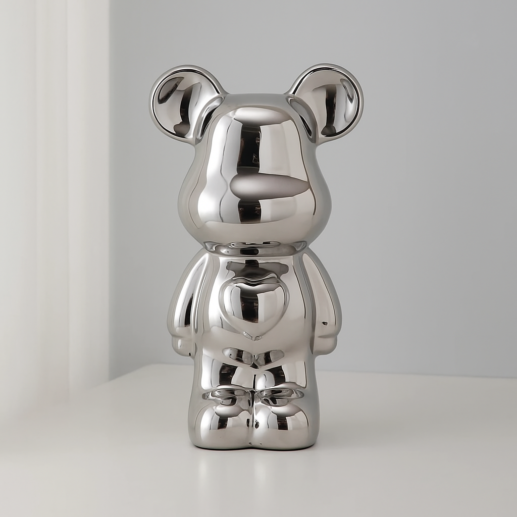 Ceramic Galvanised Bear Figurine Chrome Finish