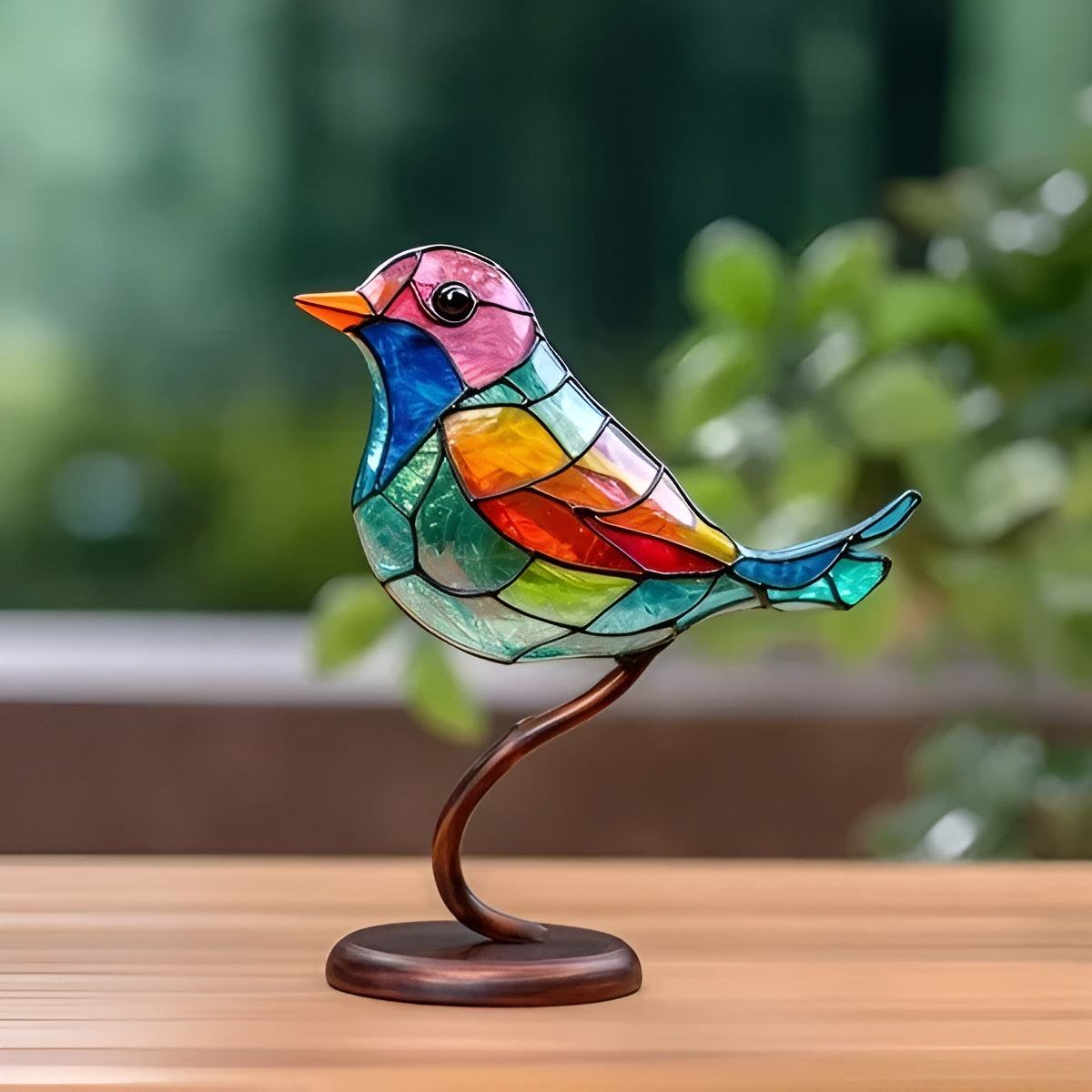 Coloured Glass-Look Birds Ornament On Metal Branch Stand
