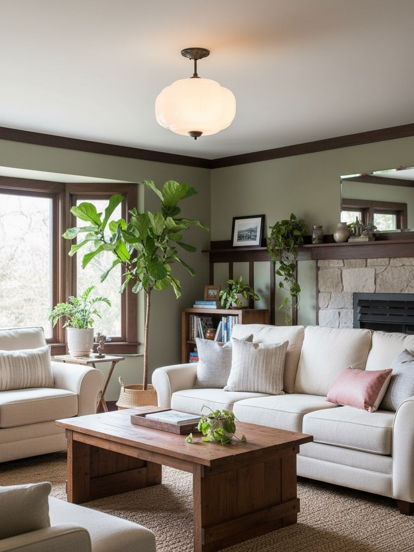 Vintage Milk Glass Semi-Flush Mount Pendant Light