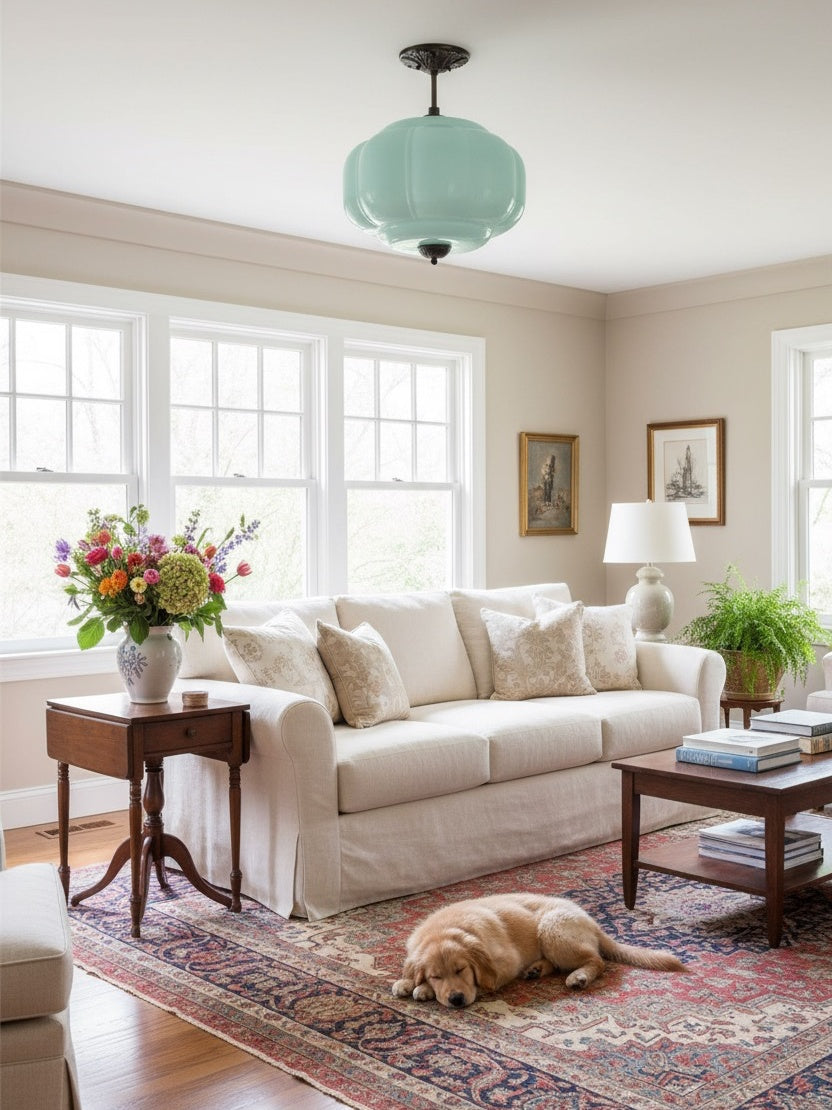 Vintage Milk Glass Semi-Flush Mount Pendant Light