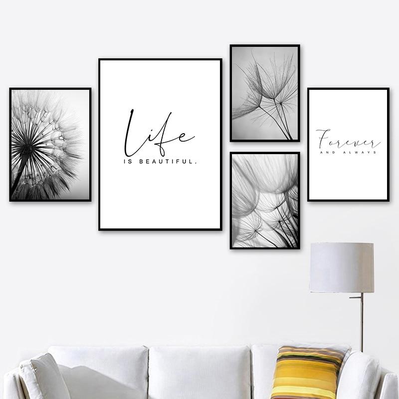 Black and White Dandelion Botanical Wall Art Set