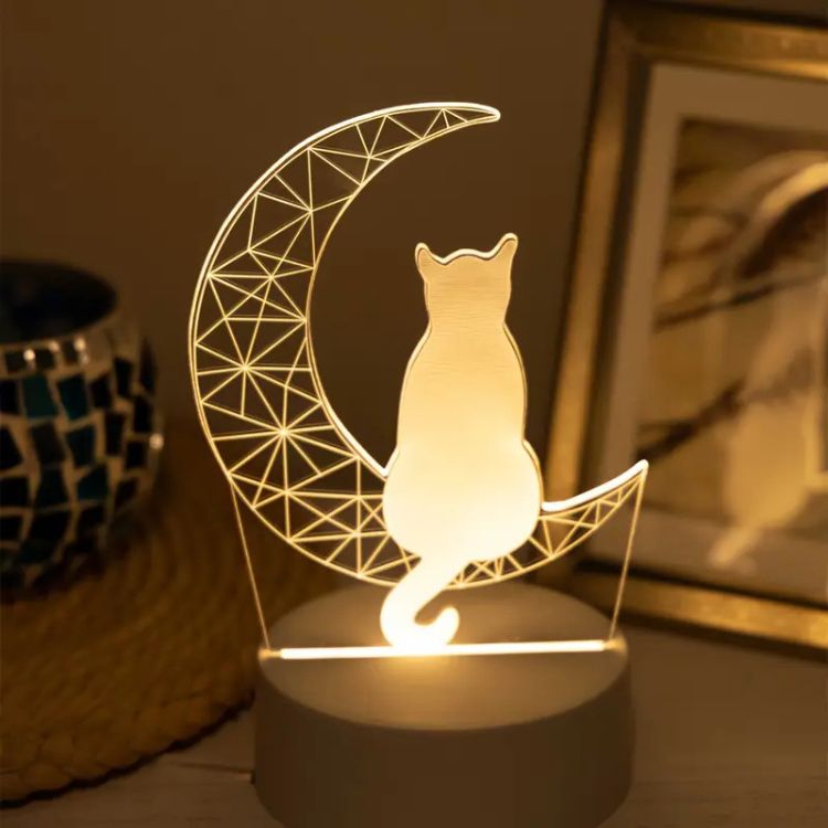 Kat en Halve Maan LED Nachtlamp met Acryl Paneel