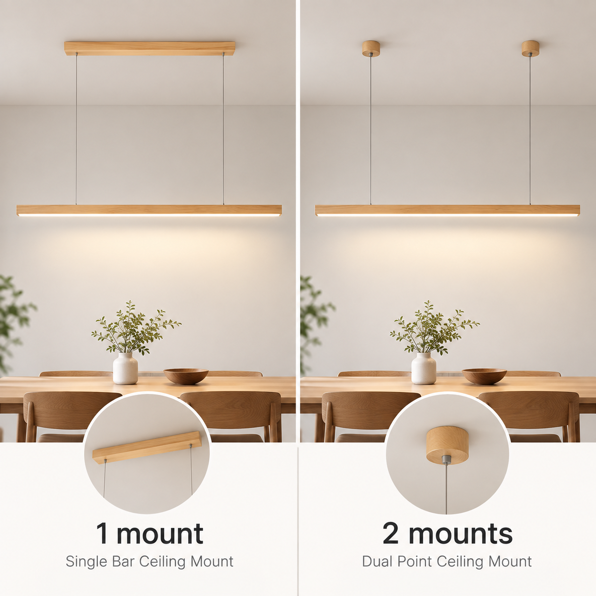 Linear wooden LED pendant light with slim bar shade
